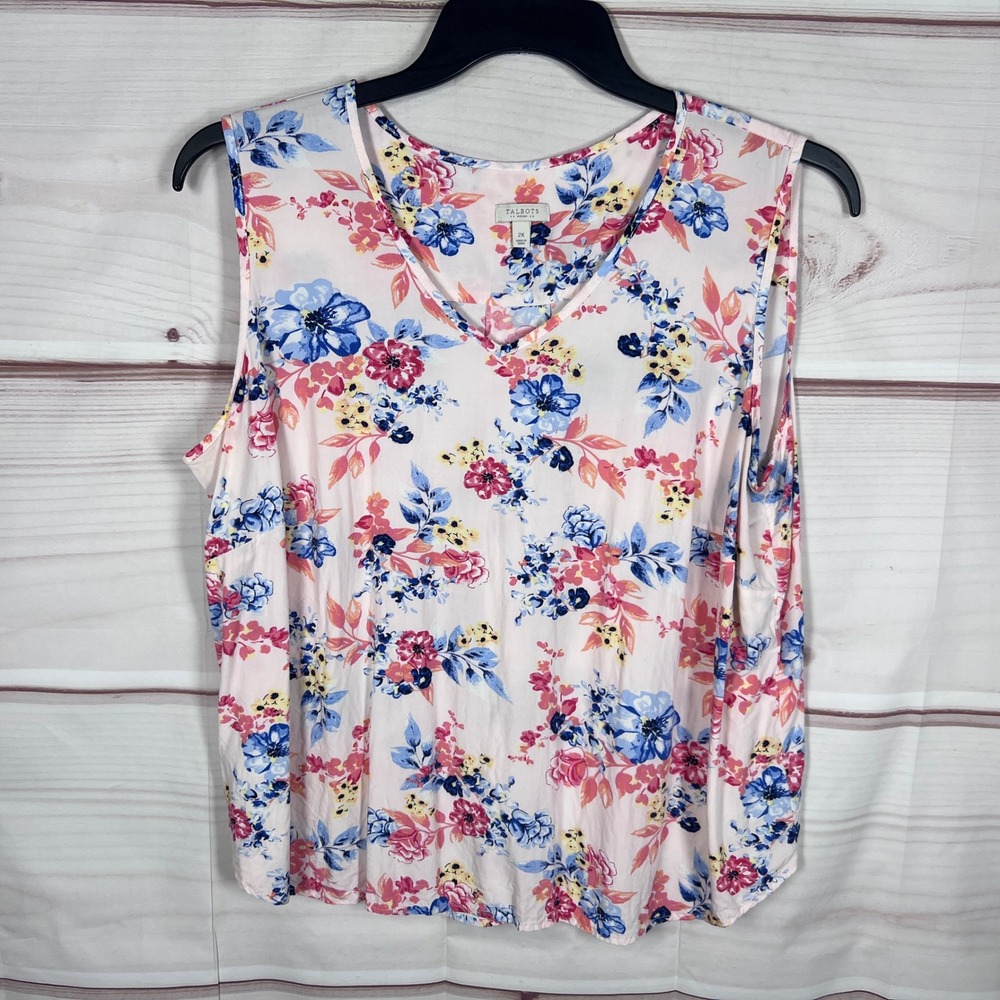 Talbots Tank Top Womens 2X Pink Floral Print Rayon Sleeveless V-Neck Blouse Boho